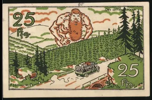 Notgeld Braunschweig 1921, 25 Pfennig, Der wilde Mann und Landschaft mit Auto und Zwergen