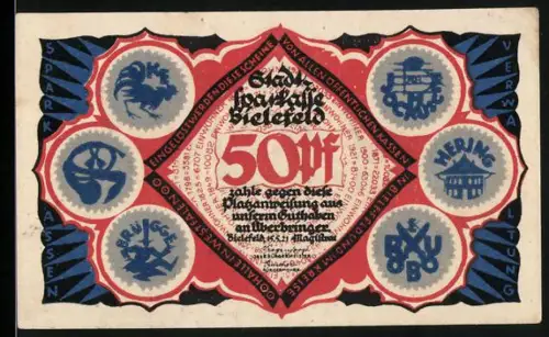 Notgeld Bielefeld 1921, 50 Pf, Symbole und stilisierte Figuren in blau und rot