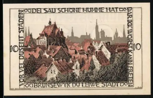 Notgeld Braunschweig 1921, 10 Pfennig, Ortsansicht und springendes Pferd