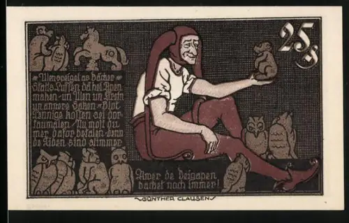 Notgeld Braunschweig 1921, 25 Pf, Narr mit Tiermotiven und springendes Pferd
