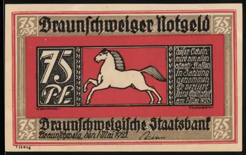Notgeld Braunschweig 1921, 75 Pf, springendes Pferd und Szene am Krodobrunnen in Bad Harzburg