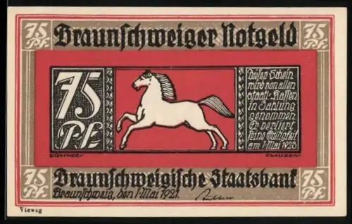 Notgeld Braunschweig 1921, 75 Pf, springendes Pferd und Ortsansicht von Blankenburg am Harz
