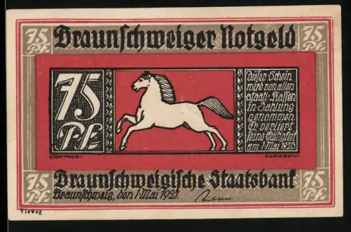 Notgeld Braunschweig 1921, 75 Pf, galoppierendes Pferd und Bauer mit Hofnarr