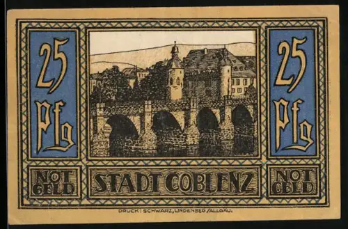 Notgeld Coblenz 1921, 25 Pfennig, Brücke und Gebäude mit Wappen und Kreuz