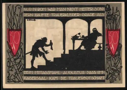 Notgeld Detmold, 50 Pfennig, Silhouette von Augustus und Bote, Wappen mit Türmen und Blume