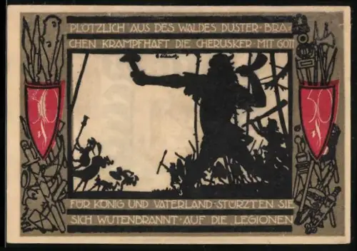 Notgeld Detmold, 50 Pfennig, Cheruskerkrieger im Wald und Stadtwappen mit Burg und Blume