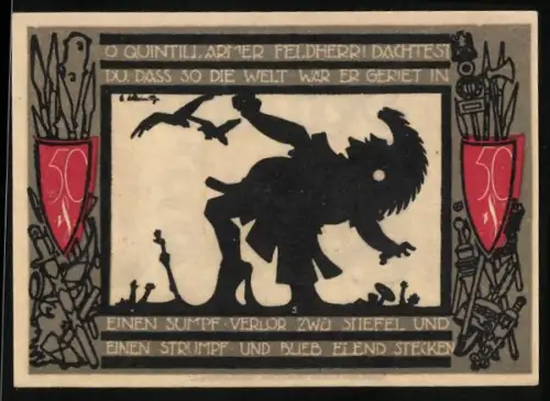 Notgeld Detmold, 50 Pfennig, Wappen mit Burg und Quintillius-Motiv mit Raben und Sumpf