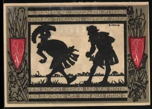 Notgeld Detmold, 50 Pfennig, zwei kämpfende Figuren und Wappen mit Burg und Blume