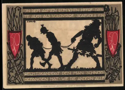 Notgeld Detmold, 50 Pfennig, historische Szene mit Gefangenen und Stadtwappen