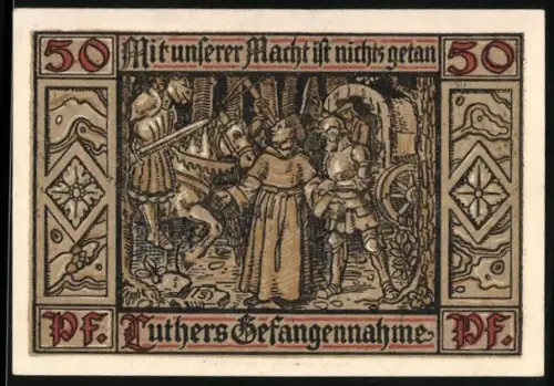 Notgeld Eisenach 1921, 50 Pfennig, Luthers Gefangennahme und Wartburgszene mit Wappen