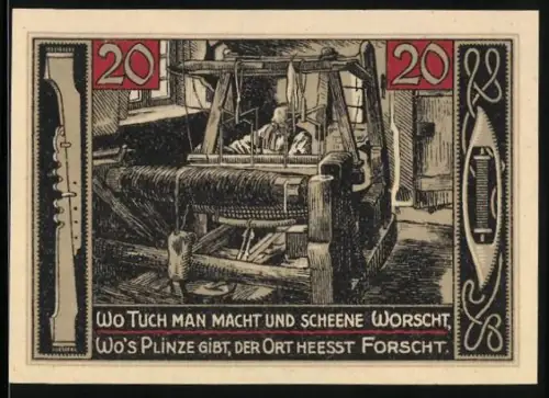 Notgeld Forst i. Lausitz 1921, 20 Pfennig, Webstuhl und Stadtwappen mit Fabrikansicht