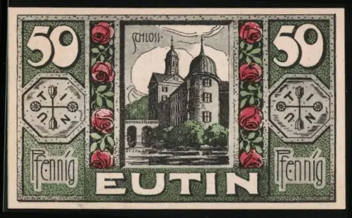 Notgeld Eutin 1920, 50 Pfennig, Schloss und Rosenmotif mit Wappen