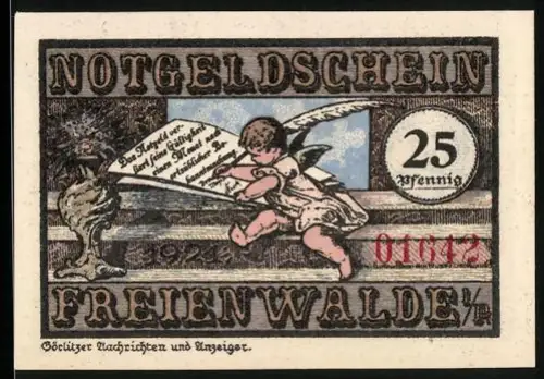 Notgeld Freienwalde /Pommern 1921, 25 Pfennig, Engel mit Feder und Ritter mit Wappen