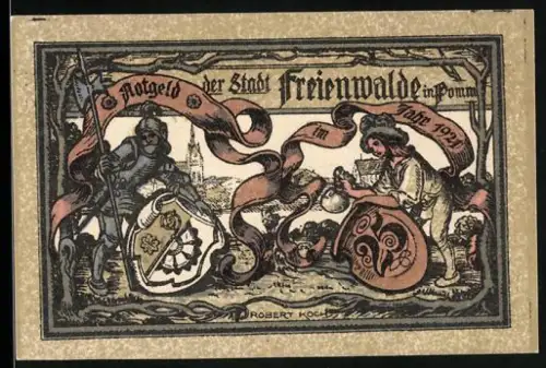 Notgeld Freienwalde i. Pom. 1921, 25 Pfennig, Ritter und Frau mit Schilden, Engel mit Notenzettel