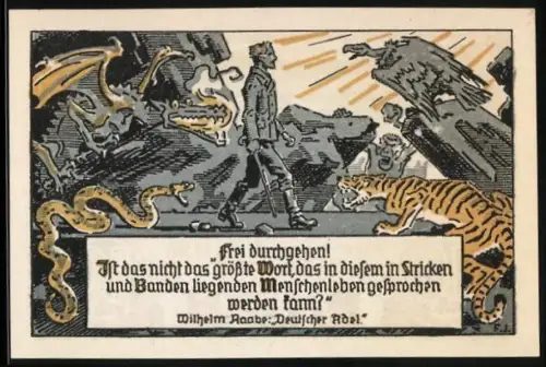 Notgeld Eschershausen i. Br. 1921, 10 Pf., Mensch und Tiere, Wilhelm Raabe Zitat, Ortsansicht und Raabeturm