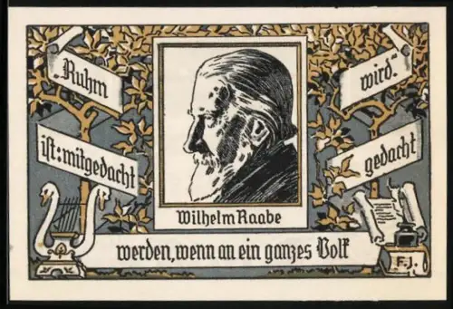 Notgeld Eschershausen i.Br. 1921, 1 Mark, Wilhelm Raabe Porträt und Stadtansichten