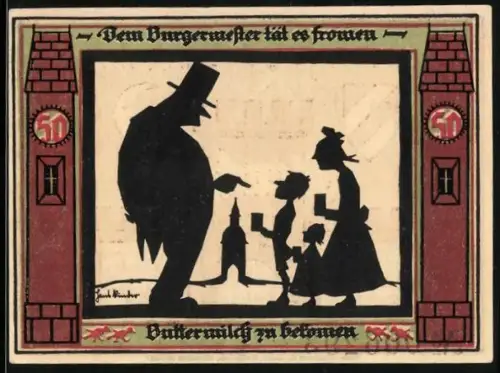 Notgeld Glauchau 1921, 50 Pfennig, Silhouetten von Bürgermeister und Familie, Burgmotiv mit Mond und Wappen