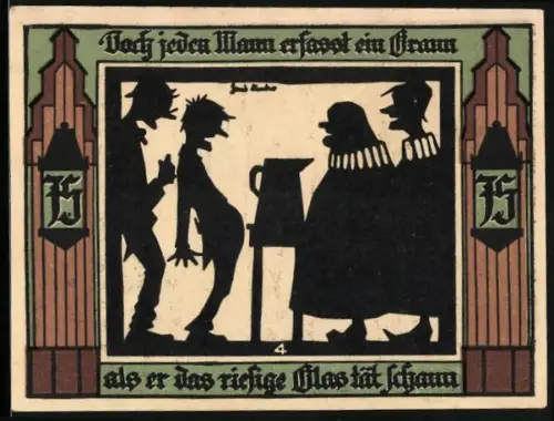 Notgeld Glauchau 1921, 75 Pfennig, humorvolle Silhouetten und Stadtwappen mit Turm und Mondsichel