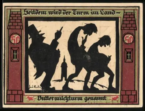 Notgeld Glauchau 1921, 50 Pfennig, Silhouetten und Burgtor mit Wappen und Mond