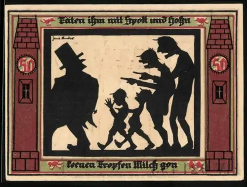 Notgeld Glauchau 1921, 50 Pfennig, Schattenspiel von Figuren und Burg mit Wappen und Mond