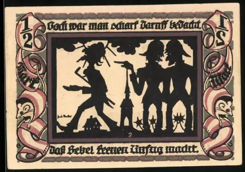 Notgeld Glauchau 1921, 1/2 Mark, Silhouetten von Männern mit Waffen und Ortsansicht mit Brücke und Wappen