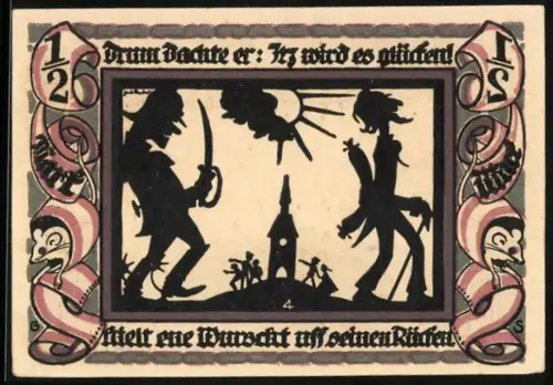 Notgeld Glauchau 1921, ½ Mark, Scherenschnitt-Szene mit Kirche und Figuren, Stadtmauer mit Toren und Brücke