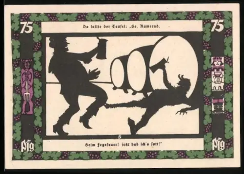 Notgeld Grünberg i. Schlesien 1921, 75 Pfennig, Silhouetten von trinkenden Figuren und Wappen mit Weinmotiven