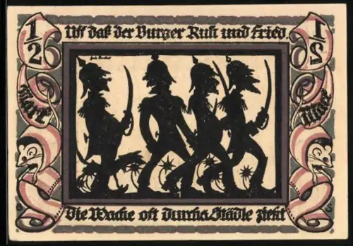Notgeld Glauchau 1921, 1/2 Mark, Silhouetten von Figuren und Burgmauern mit Toren