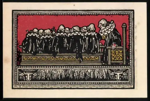 Notgeld Schöppenstedt 1921, 50 Pfennig, Ratssitzung und Ortsansicht mit Kirche