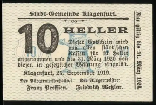 Notgeld Klagenfurt 1919, 10 Heller, Text mit Gültigkeitsdatum