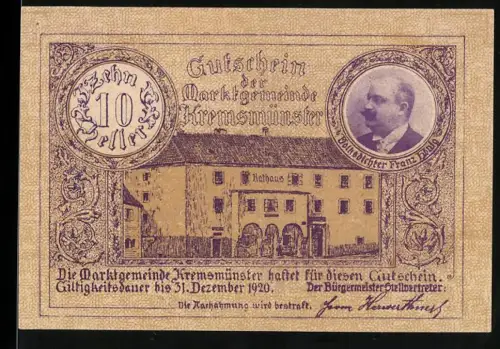 Notgeld Kremsmünster 1920, 10 Heller, Rathausansicht und Herrengasse mit Wappen