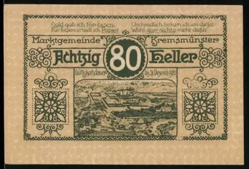 Notgeld Kremsmünster 1920, 80 Heller, Landschaftspanorama und dekorative Ornamente