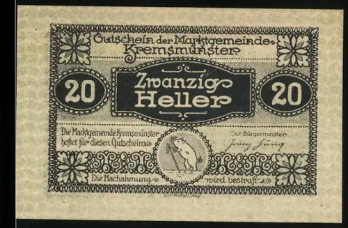 Notgeld Kremsmünster, 20 Heller, Theateransicht und florales Motiv mit Schwein