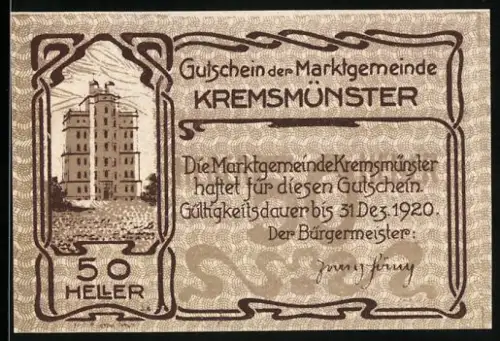 Notgeld Kremsmünster 1920, 50 Heller, Gebäude und Schwein mit Stock
