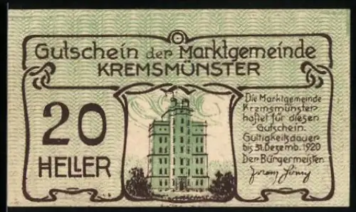 Notgeld Kremsmünster 1920, 20 Heller, Gebäude und Schwein mit Krücke