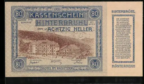 Notgeld Hinterbrühl bei Wien 1920, 80 Heller, Hotel Radetzky