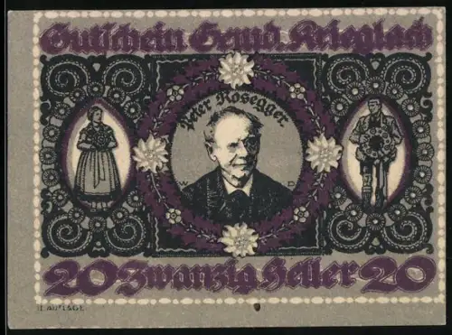 Notgeld Krieglach 1920, 20 Heller, Porträt von Peter Rosegger und Marktbrunnen