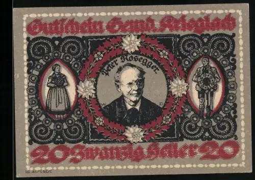 Notgeld Krieglach 1920, 20 Heller, Peter Rosegger im Porträt