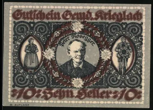 Notgeld Krieglach 1919, 10 Heller, Porträt von Peter Rosegger und ländliche Szenen