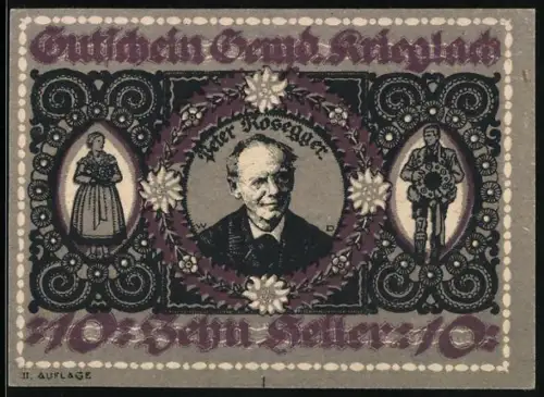 Notgeld Krieglach 1920, 10 Heller, Peter Rosegger Porträt und Geburtshausansicht