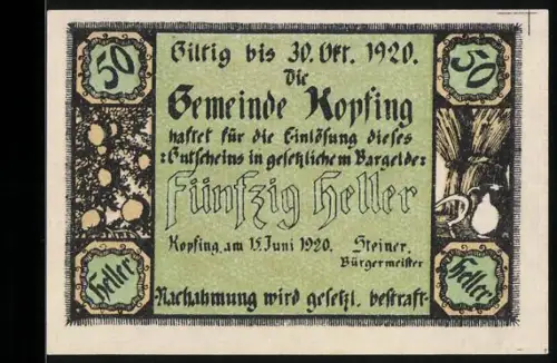 Notgeld Kopfing 1920, 50 Heller, landwirtschaftliche Motive mit Getreide und Krug