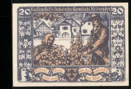 Notgeld Kritzendorf 1920, 20 Heller, Dorfszene mit zwei Personen und Blumen