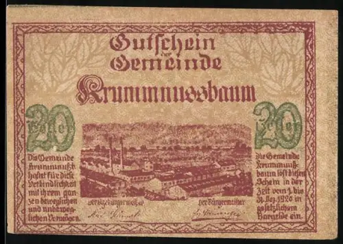 Notgeld Krummnussbaum 1920, 20 Heller, Fabrikansicht und Baum mit Landschaft