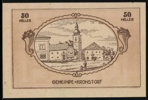Notgeld Kronstorf 1920, 50 Heller, Ortskern mit Kirche