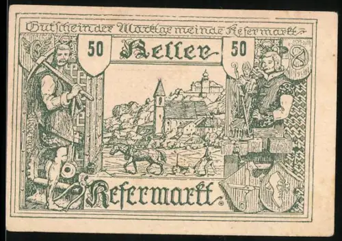 Notgeld Kefermarkt 1920, 50 Heller, mittelalterliche Burg und Wappenmotive
