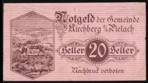 Notgeld Kirchberg a. d. Pielach 1920, 20 Heller, Landschaft und Schriftzug