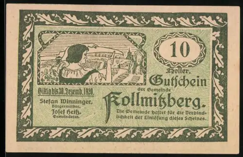 Notgeld Kollmitzberg /N.Ö. 1920, 10 Heller, Hahn und Kirche
