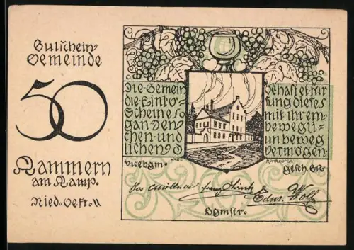 Notgeld Kammern am Kamp 1920, 50, Gebäude mit Weintrauben und Wappen