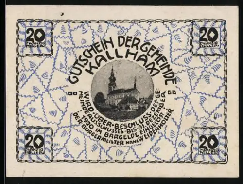 Notgeld Kallham 1920, 20 Heller, Kirche und dekoratives Muster
