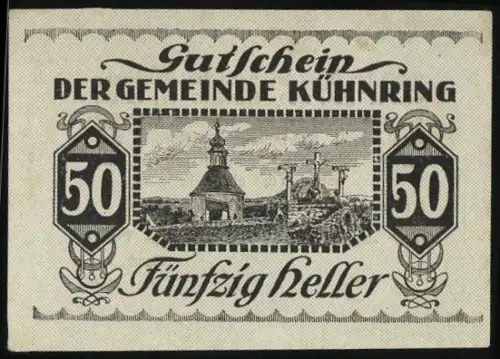 Notgeld Burgschleinitz-Kühnring 1920, 50 Heller, Kirche und Landschaftsmotiv